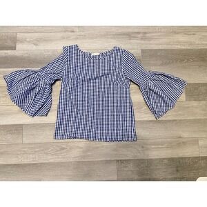 Jane and Delancey Gingham Bell Sleeve Blouse Women Small Blue